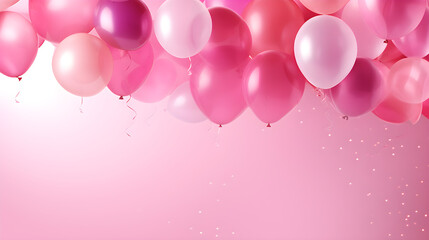 Multicolored Balloons with Helium on Pink Abstract Background. Concept of Happy Birthday, New Year, Party, Wedding, Valentine's Day, Happiness, Joy, Festival, Holiday Promotion Banner