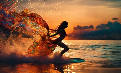 Relaxing, drawing of a woman surfing the waves at sunset. - obrazy, fototapety, plakaty
