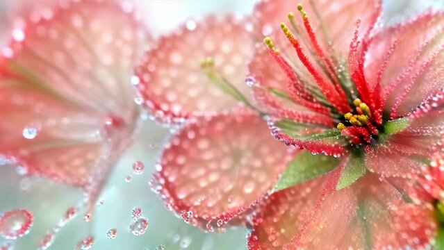 A delicate sight of pink petals adorned with dewdrops, each reflecting light.

