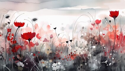 Floral Watercolor Background. Springtime Poppy Flowers Artistic Beautiful Banner. Tender Florals Watercolor Wallpaper Texture.