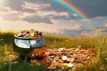 Saint Patrick Day holiday illustration, pot of gold coins with a rainbow at the background, lucky treasure money