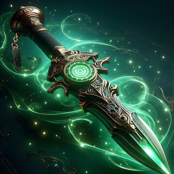 A mystical dagger with green glow, 3d render.
