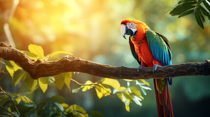 Majestic Macaw: Full Body, Full Tail, Perched on Wild Tree