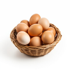 Homestead Treasures: Isolated Woven Basket with Eggs on Wood
