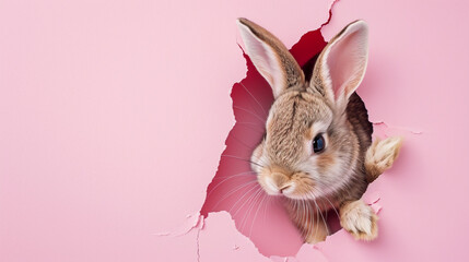 Bunny peeking out of a hole in pink wall, fluffy eared bunny easter bunny banner. AI Generative