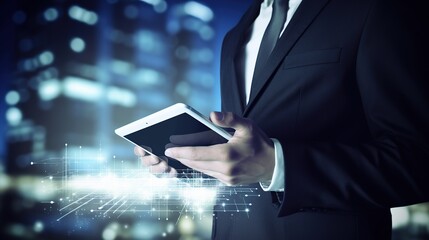 businessman using tablet with network connection concept, Businessman planning graph of growth and improvement in his business, office background
