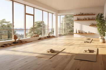 Luminous Tranquility: Modern Yoga Room with Panoramic Light-Filled Windows