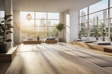Serenity Unveiled: Light-Filled Yoga Space with Wooden Floors and Vegetation