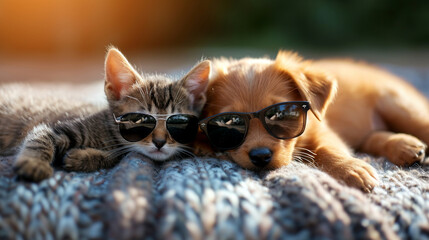 Adorable puppy and kitten with sunglasses lying together in a loving embrace. AI Generative