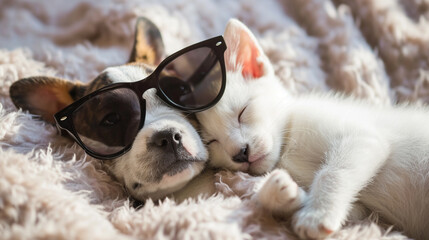 Adorable puppy and kitten with sunglasses lying together in a loving embrace. AI GenerativeAdorable puppy and kitten with sunglasses lying together in a loving embrace. AI Generative