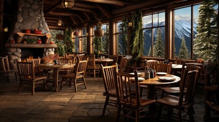 Fototapeta na wymiar rustic wooden restaurant background illustration vintage cozy, natural ambiance, dining cuisine rustic wooden restaurant background