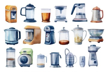 Kitchen appliances that can bake, heat food, mix various substances, mince, keep products fresh and mix ingredients. Watercolor style.