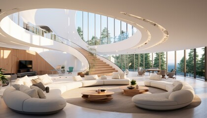 View of aesthetic eco-friendly house. A curved style minimalist sofa covered in fine fabric and a smart TV on the cream walls. Inspiration for environmentally friendly room concepts.