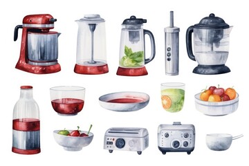 Kitchen appliances that can bake, heat food, mix various substances, mince, keep products fresh and mix ingredients. Watercolor style.