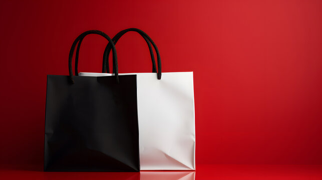 hand holding shopping white bag, black friday banner on red