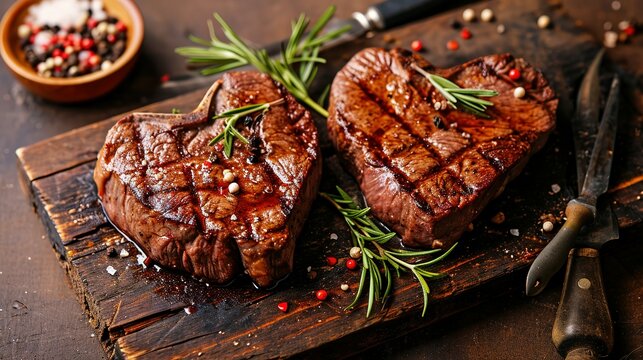 Two grilled heart-shaped beef steaks with spices for Valentine's Day