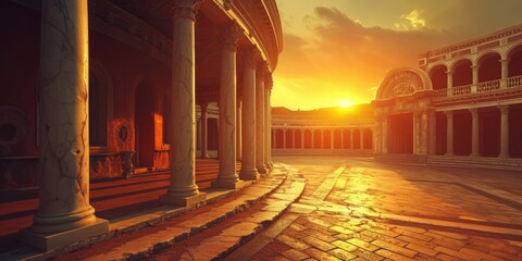 an old building, with a sunset atmosphere, an old building