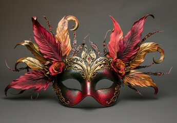 Exquisite Black and Gold Masquerade Mask with Red Feathers, Perfectly Designed for Costume Parties and Special Events, Offering a Blend of Mystery and Elegance