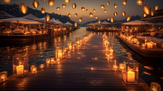 Capture the elegance of a superyacht sailing through a sea of floating lanterns, creating a romantic and enchanting atmosphere.