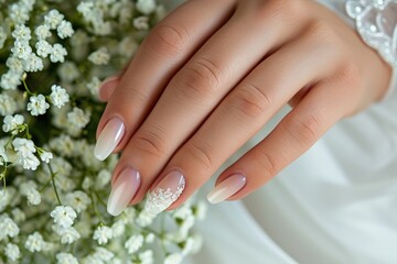 Fototapeta premium Bride's manicure design on floral background