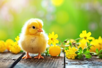 Yellow chick among spring flowers on wood.
