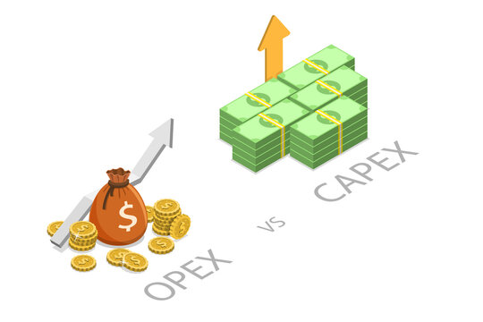3D Isometric Flat  Conceptual Illustration of Opex Vs Capex, Operating Versus Capital Expenses
