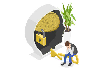 3D Isometric Flat  Conceptual Illustration of Fixed Mindset , Human Psychology