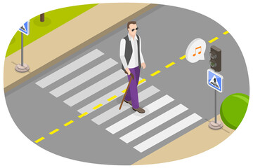3D Isometric Flat  Conceptual Illustration of Crosswalk For Blind People, Accessible Pedestrian Signal