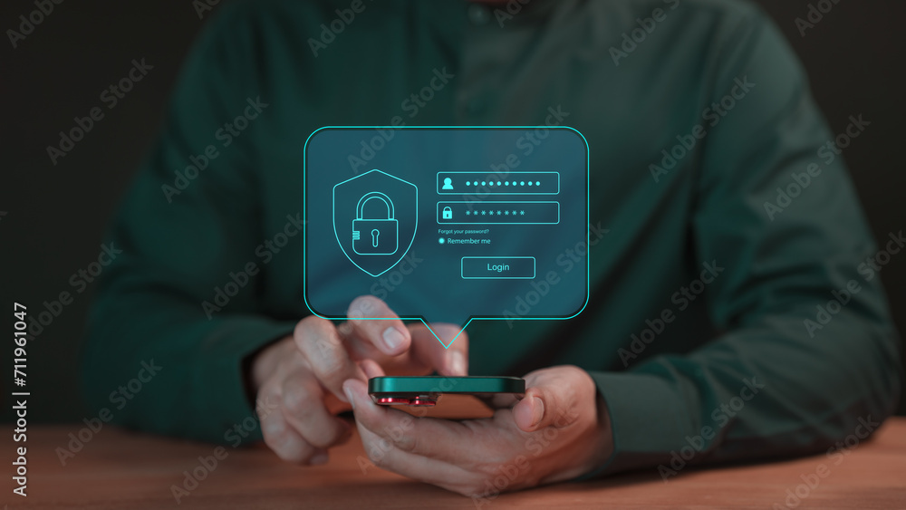 Poster Man use a mobile phone type the username and password. User privacy security and protect personal data internet network. Cyber ​​security and digital data protection technology concept.