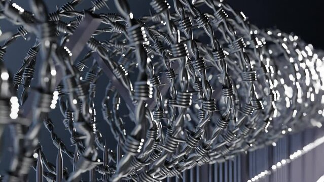 Barbed wire metal fence - 3D illustration - grey background