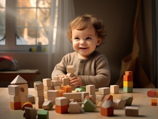 Child playing with colorful wooden blocks.
