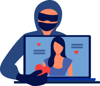 Romance scam, online dating scam, cyber crime concept, woman in love with scammer, hacker chatting online 
