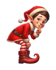 A young Christmas Elf sharing a secret isolated on a transparent background