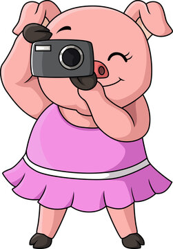 Cute pig cartoon with camera on white background