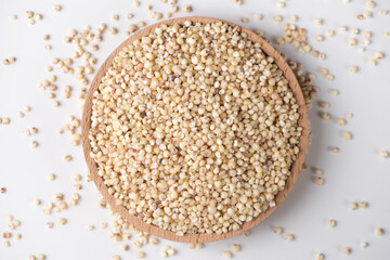 Sorghum seeds in plate on white background. Whole seeds of Sorghum Moench