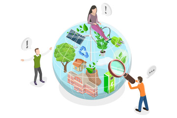3D Isometric Flat  Conceptual Illustration of CO2 Free Power Production, Renewable Resources Consumption