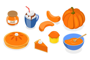 3D Isometric Flat  Set of Pampkin Products, Autumn Traditional Foods