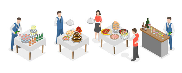 3D Isometric Flat  Set of Catering Services, Serving Foods on Outdoor Events