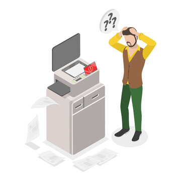 3D Isometric Flat  Conceptual Illustration of Broken Printer, Out of Order Office Equipment