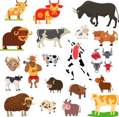 Assorted cow breeds and styles including cartoon and realistic representations. Bovine collection with various patterns and poses vector illustration.