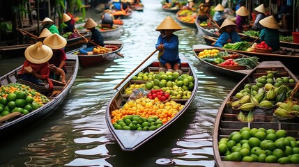 Floating market in Thailand with boats full of colorful fruits and vegetables - obrazy, fototapety, plakaty