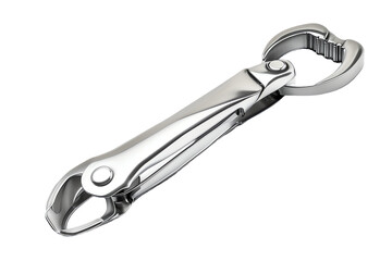 Obraz premium a close-up of a stainless steel bottle opener on a transparent background. The bottle opener has a ring at one end for attaching to a keychain or carabiner, 