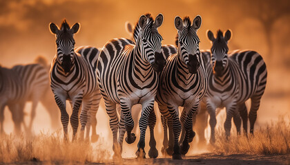 African savannah zebra herd grazing in the sunset golden light generated by AI