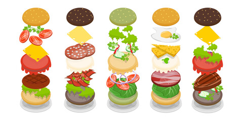 3D Isometric Flat  Set of Burger Maker, Elements for Different Sandwich