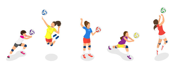 3D Isometric Flat  Set of Volleyball Players, Team Sports Game - obrazy, fototapety, plakaty