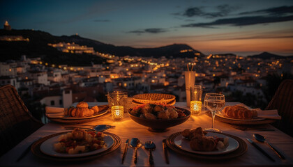 Night falls on a table set with a sunset feast generated by AI