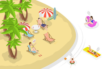 3D Isometric Flat  Conceptual Illustration of Summer Time, Leisure and Relaxation