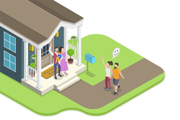 3D Isometric Flat  Conceptual Illustration of Good Neighbor Relations, Country Life