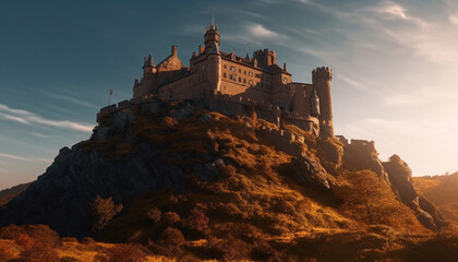 Fototapeta premium Ancient ruins, majestic mountains, and a vibrant sunset create spirituality generated by AI