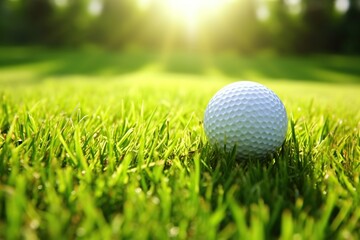 Obraz premium Golf ball on golf course at sunrise